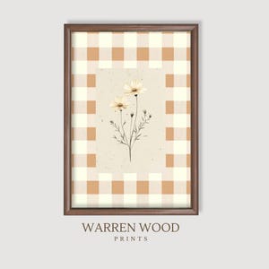 Spring Wildflower Print, Gingham Wall Art, Neutral Floral Decor, Soft Yellow & Beige, Cottagecore Digital Print, Vintage Botanical Art