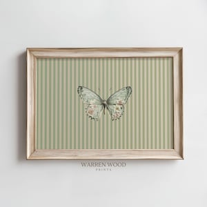 Vintage Butterfly Print, Sage Green Striped Wall Art, Neutral Floral Insect Decor, Cottagecore Butterfly Artwork, Digital Download
