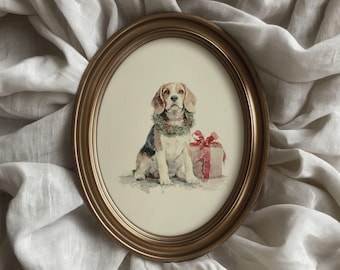 Vintage Christmas Beagle Print, Rustic Dog Wall Art, Antique Holiday Decor, Neutral Country Christmas Print, Farmhouse Pet Artwork
