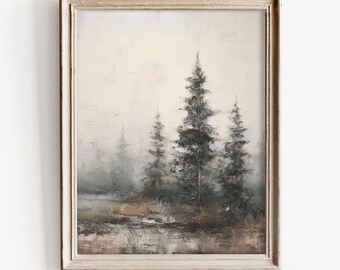 Vintage dunkler Wald Druck, stimmungsvolle Wald Wandkunst, neutrale rustikale Baum Malerei, neblige Natur Landschaft, atmosphärische Wald Dekoration
