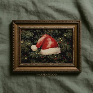 Santa Hat Botanical Print, Rustic Christmas Landscape Wall Art, Green Pine Berries, Antique Santa Illustration, Traditional Holiday Decor