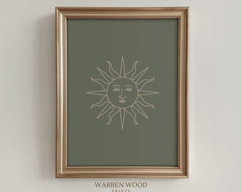 Impresión de sol celestial, arte mural verde salvia, sol vintage minimalista, decoración celestial moderna, arte terroso neutro, ilustración sencilla de sol