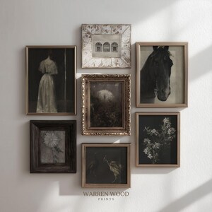 May include: A collection of framed vintage art prints in various sizes and styles. The prints feature images of a horse, a woman, flowers, and architectural elements. The frames are in shades of brown and gold. The text "WARREN WOOD PRINTS" is visible.