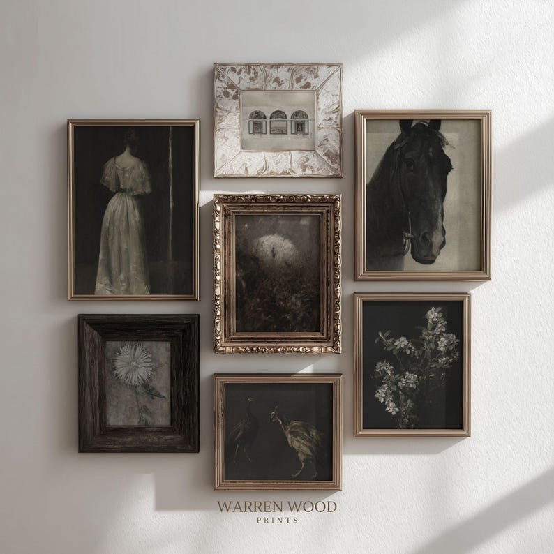 May include: A collection of framed vintage art prints in various sizes and styles. The prints feature images of a horse, a woman, flowers, and architectural elements. The frames are in shades of brown and gold. The text "WARREN WOOD PRINTS" is visible.