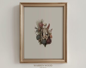 Gothic Skeleton Wall Art, Vintage Neutral Floral Print, Dark Rustic Decor, Gothic Home Decor, Skeleton and Flowers Art, Instant Download