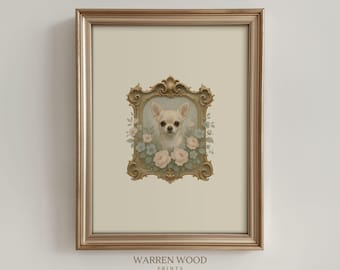 Chihuahua Wall Art Print, Neutralny portret psa, Kwiatowa złota ramka, Rustykalny wystrój dla zwierząt, Chihuahua w stylu vintage, Prezent dla Chihuahua