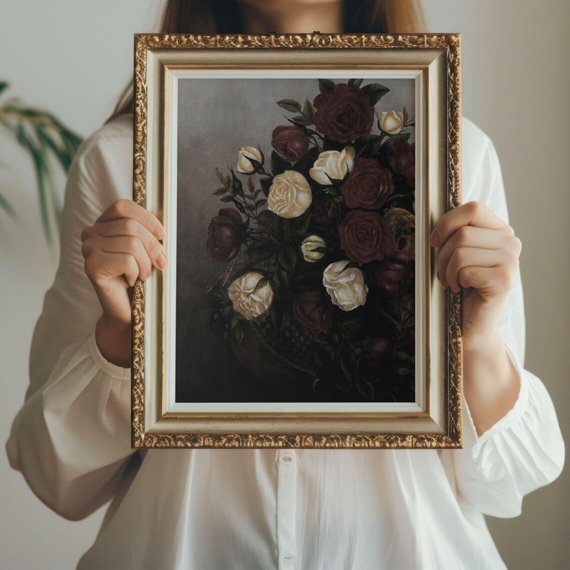 Dark Vintage Rose Print, Moody Floral Painting, Red and White Roses ...