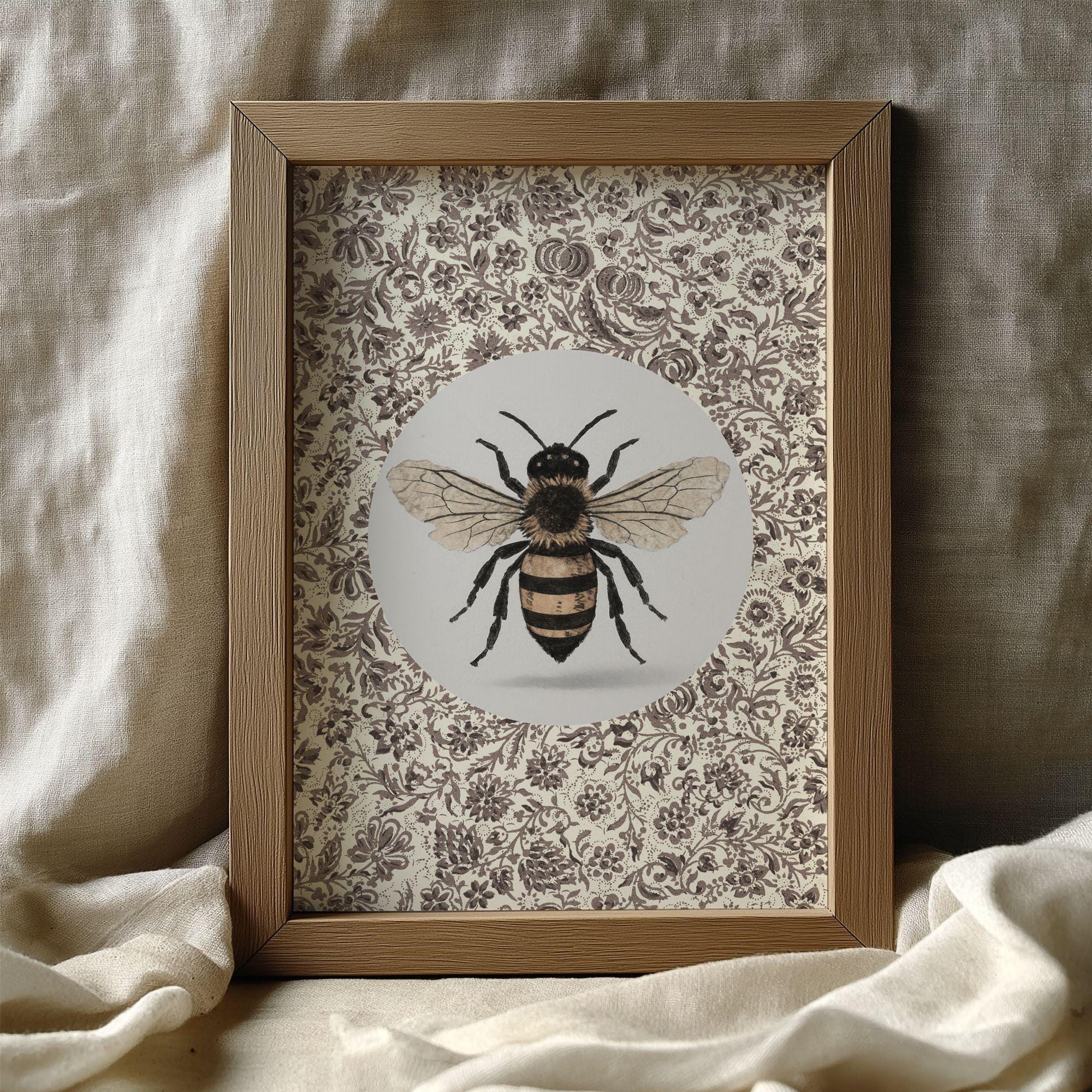Rustic Bee Design Rustic Honey Bee Print, Vintage Floral Insect Art, Cream Brown Wall ...