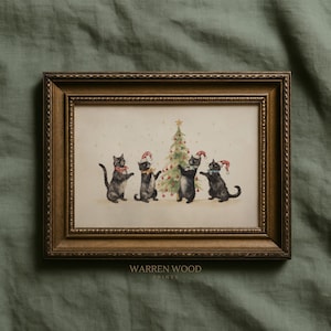May include: A framed print depicting five black cats in Christmas attire. The cats, each wearing a Santa hat, are gathered around a decorated Christmas tree. The artwork has a vintage style and is presented in a gold-coloured frame.