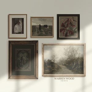 May include: Collection of framed vintage art prints. The prints feature various scenes, including a portrait, a landscape with figures and cows, and botanical studies. The frames are in various shades of brown. The text "WARREN WOOD PRINTS" is visible.