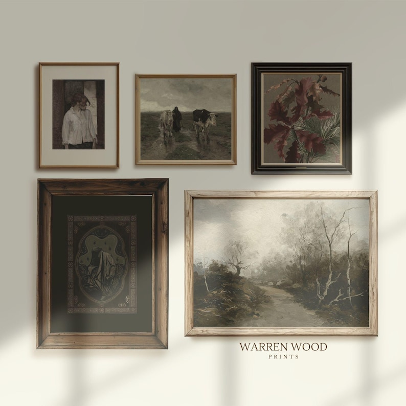 May include: Collection of framed vintage art prints. The prints feature various scenes, including a portrait, a landscape with figures and cows, and botanical studies. The frames are in various shades of brown. The text "WARREN WOOD PRINTS" is visible.