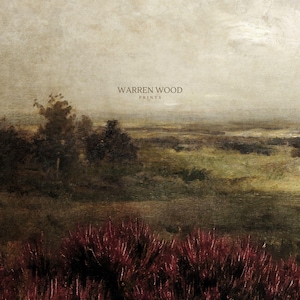 May include: An antique-style landscape print featuring a field of red-purple plants in the foreground, with a green and brown field and trees in the mid-ground. The sky is a muted beige color. The text "WARREN WOOD PRINTS" is in the center.