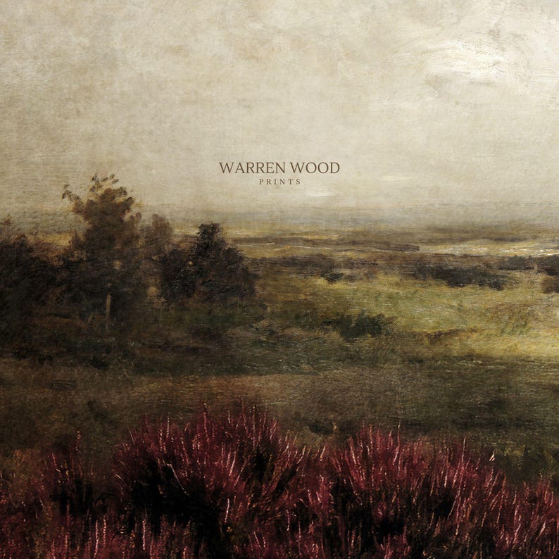 May include: An antique-style landscape print featuring a field of red-purple plants in the foreground, with a green and brown field and trees in the mid-ground. The sky is a muted beige color. The text "WARREN WOOD PRINTS" is in the center.