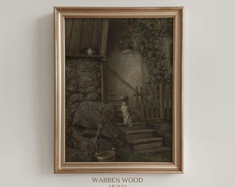 Dog and Cat Vintage Print, 18th Century Moody Animal Painting, Rustic Countryside Wall Art, Neutral Pet Illustration, Cat and Dog Artwork