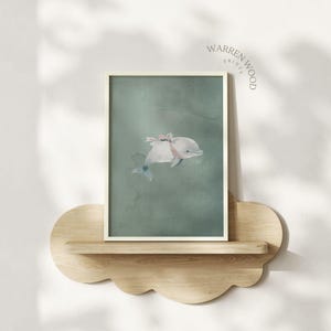Vintage Dolphin Nursery Print, Soft Blue Watercolor Animal Art, Dolphin with Bow Illustration, Aged Ocean Baby Room Decor, Ocean Theme Room