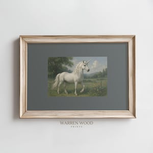 Impression d&#39;art mural licorne, décoration de chambre d&#39;enfant fantaisiste, licorne printanière de Style vintage, imprimable bleu gris poussiéreux, art fantastique féminin