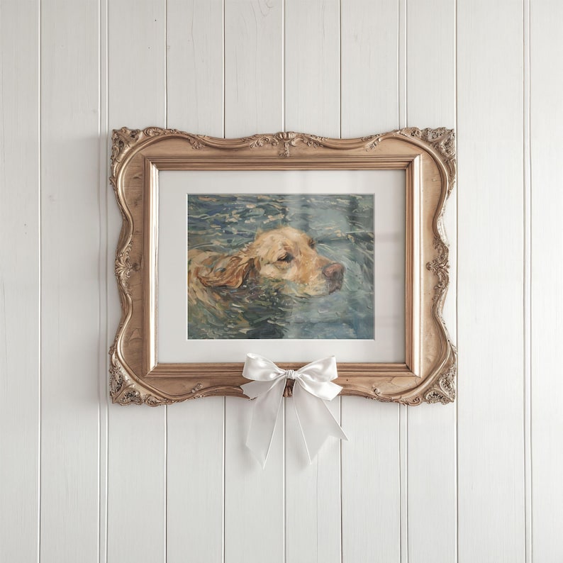 Golden Retriever Wall Art, Dog Swimming Print, Water Dog Painting, Coastal Pet Decor, Calming Blue Tones, Digital Download, Animal Art image 2