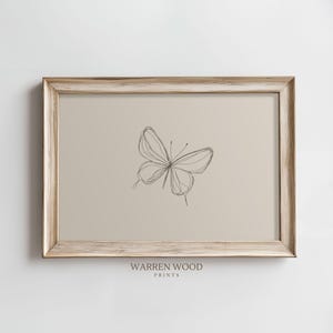 Butterfly Line Art Print, Neutral Insect Wall Decor, Vintage Sketch Illustration, Rustic Beige Landscape Printable, Butterfly Themed Decor