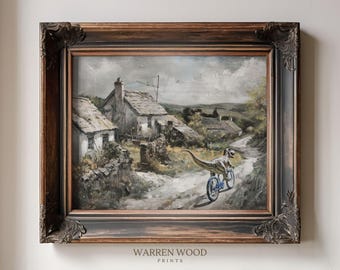 Vintage Boys Dinosaur Print, Whimsical T-Rex Wall Art, Rustic English Landscape Painting, Boys Room Country Decor, T-Rex on a Bike Art