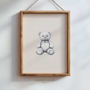 Lámina de osito de peluche vintage para habitación infantil, dibujo de líneas neutras, decoración beige para habitación de bebé, ilustración rústica de oso, decoración infantil con temática de osito de peluche.