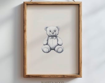 Vintage nallebjörnstryck för barnrum, neutral linjeskiss väggkonst, beige babyrumsdekor, rustik björnillustration, nalletema barnrumskonst