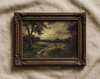 May include: A framed landscape painting with a dark brown ornate frame. The artwork depicts a path winding through a field with trees under a cloudy sky. The text "WARREN WOOD" is printed at the bottom of the frame.