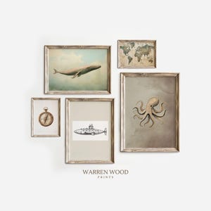 Ensemble de 5 impressions murales Sea Explorer Gallery, art mural nautique neutre, carte vintage boussole baleine pieuvre sous-marin, tons beige vert sauge
