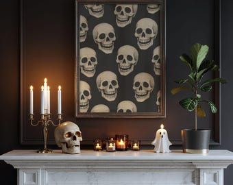 Skull Pattern Print, Rustic Gothic Wall Art, Washed Black Grey Halloween Decor, Vintage Spooky Artwork, Moody Skull Illustration
