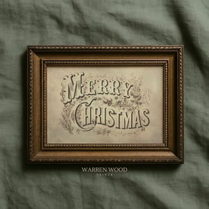 May include: A framed print with the words "Merry Christmas" in an ornate, vintage font. The print is in a brown wooden frame and features floral and botanical illustrations. The background is a muted green.