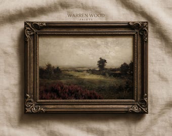 May include: A framed landscape painting with a dark brown ornate frame. The artwork depicts a field of red flowers and trees under a cloudy sky. The text "WARREN WOOD PRINTS" is visible at the top of the frame.