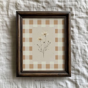 Impresión de flores silvestres de primavera, arte mural de cuadros vichy, decoración floral neutra, amarillo suave y beige, impresión digital cottagecore, arte botánico vintage