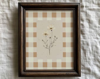 Spring Wildflower Print, Gingham Wall Art, Neutral Floral Decor, Soft Yellow & Beige, Cottagecore Digital Print, Vintage Botanical Art