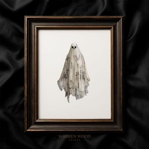 Vintage Ghost Wall Art Print, Portrait White Background Halloween Decor, Rustic Neutral Spooky Illustration, Patterned Sheet Ghost