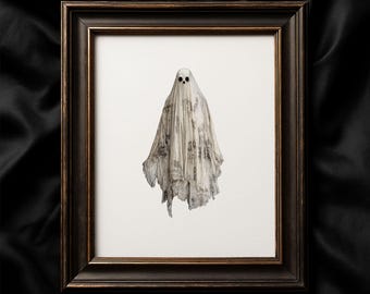 Väggkonsttryck med vintage spöke, porträtt med vit bakgrund Halloweendekor, rustik neutral läskig illustration, mönstrat ark med spöke