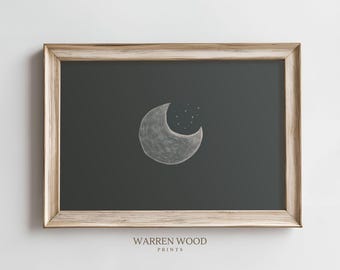 Vintage Moon and Stars Nursery Print, Dusty Navy Night Sky Art, Crescent Moon Kids Wall Decor, Celestial Baby Room, Simple Navy Blue Nursery