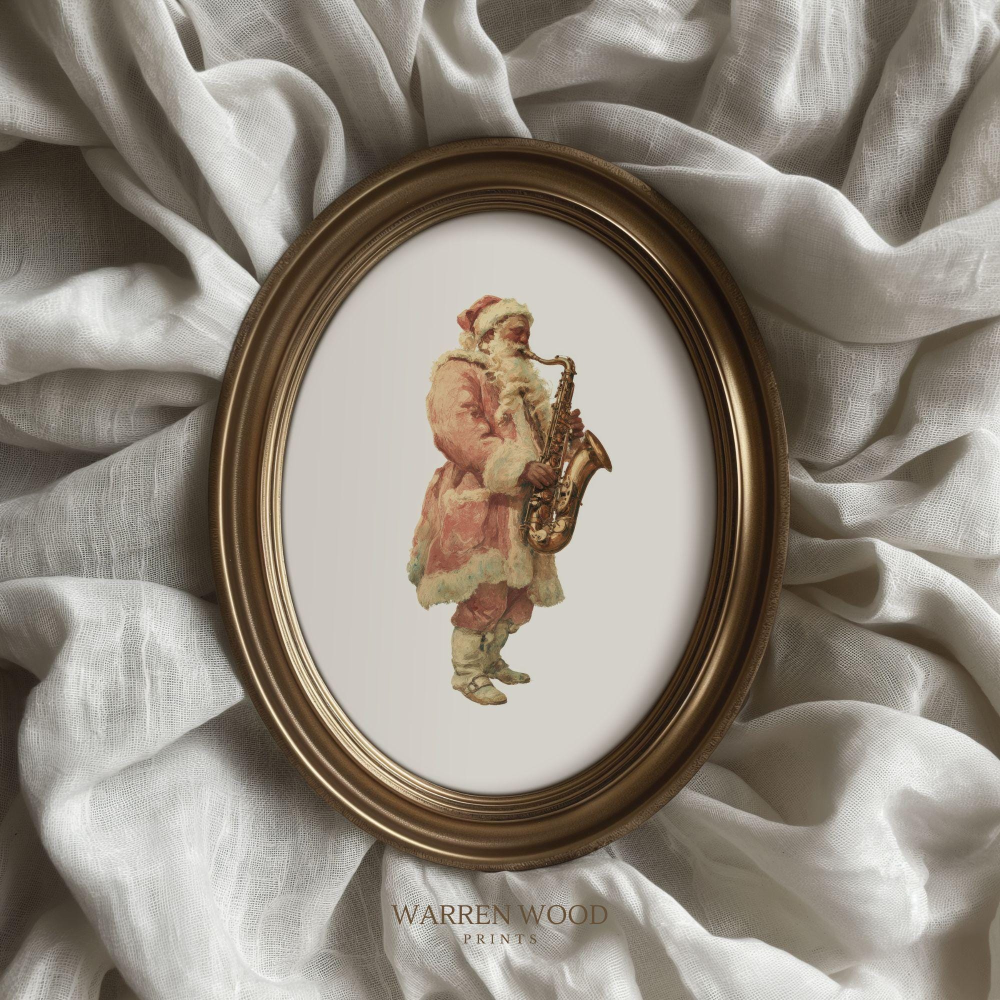 少年ファンタジー サンタ サイン入り サンタのサックスプリント、ヴィンテージクリスマスウォールアート