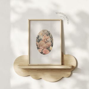 Sleeping Fox Nursery Print, Vintage Woodland Animal Wall Art, Neutral Spring Floral Decor, Oval Illustration Baby Room, Rustic Fox Artwork