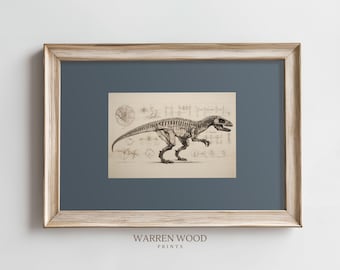 Vintage T-Rex Fossil Print, Dusty Blue Wall Art, Rustic Dinosaur Sketch, Neutral Dinosaur Decor, Fossil Illustration, Boys Dinosaur Room