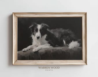 Border Collie Wandkunst, Vintage Hundelandschaftsdruck, Schwarzweiss-Bauernhausdekor, rustikale Tierillustration, Bauernhofhundekunst, Collieliebhaber