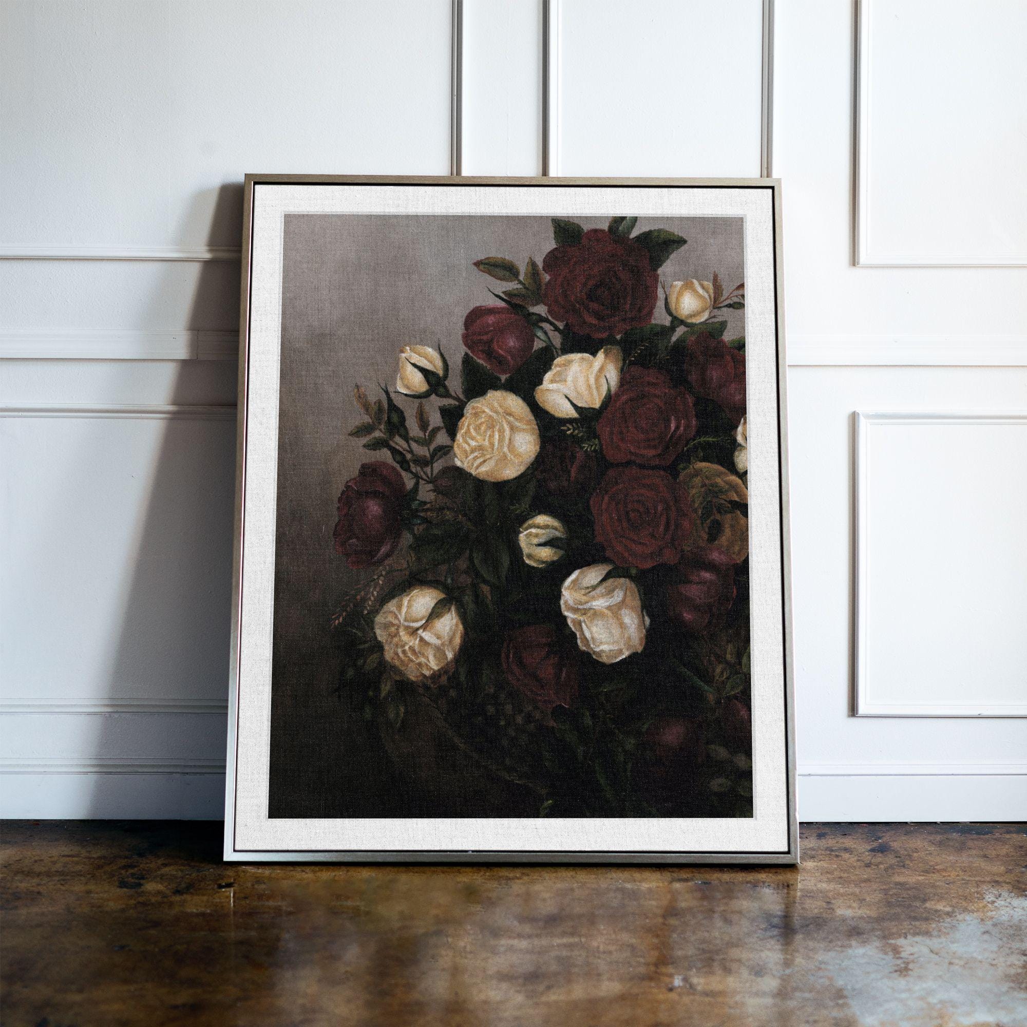 Dark Vintage Rose Print, Moody Floral Painting, Red and White Roses ...