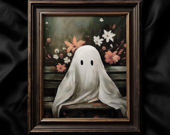 Söt spökhösttryck, vintage Halloween-väggkonst, rustikt spöke på bänk med höstblommor | Nyckfullt läskigt porträtt, neutral Halloween