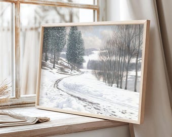 Snowy Landscape Print, Vintage Snowy Wall Art, Rustic Snow Scene, Winter Wall Art, Printable Wall Art, Vintage Art, Christmas Wall Art