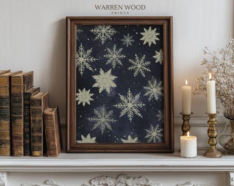 Rustic Snowflake Print, Dark Blue Christmas Wall Art, Vintage Winter Pattern, Navy and Off White Holiday Decor, Cottagecore Christmas Print