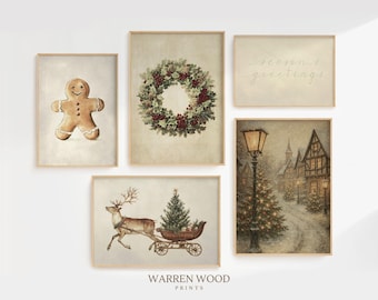Neutrale boerderij kerstgalerij muurset, vintage vakantieprints, rustiek winterdecor, kerstprint set van 5