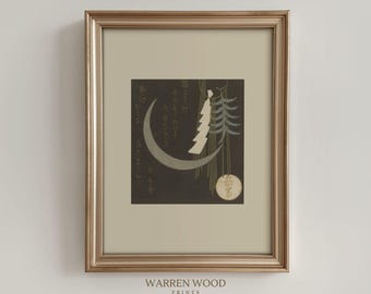 Stampa di luna giapponese, arte vintage del XVIII secolo, decorazione murale minimalista nei toni del grigio, illustrazione di ritratto beige neutro, arredamento giapponese