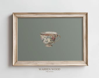Vintage Teacup Wall Art, Green Blue Mint Floral Print, Antique Tea Cup Digital Download, Rustic Cottagecore Kitchen or Gallery Wall Decor