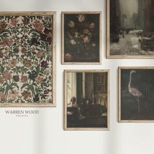May include: A collection of framed art prints with a vintage aesthetic. The prints feature floral patterns, still life, and landscape scenes. The frames are made of light-colored wood. The text "WARREN WOOD PRINTS" is visible.