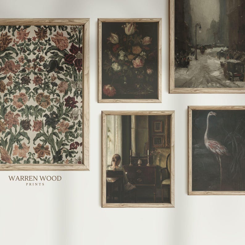 May include: A collection of framed art prints with a vintage aesthetic. The prints feature floral patterns, still life, and landscape scenes. The frames are made of light-colored wood. The text "WARREN WOOD PRINTS" is visible.