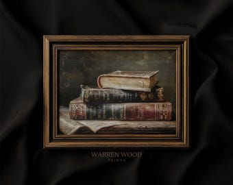 May include: A framed print featuring a still life of antique books. The books are stacked, with visible titles and aged covers in shades of brown, red, and gold. The frame is a dark wood tone, and the print is set against a dark background.