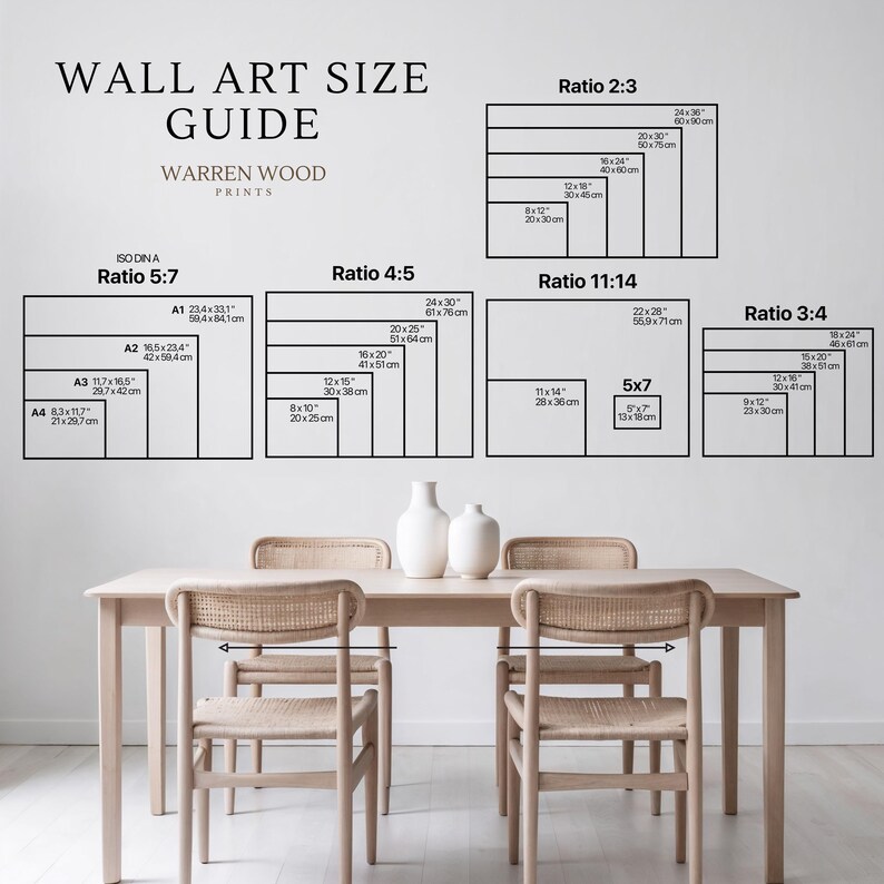 May include: A wall art size guide with various aspect ratios and dimensions in inches and centimeters. The guide includes ratios like 2:3, 5:7, 4:5, 11:14, and 3:4. The image also shows a dining table with chairs and decorative vases.
